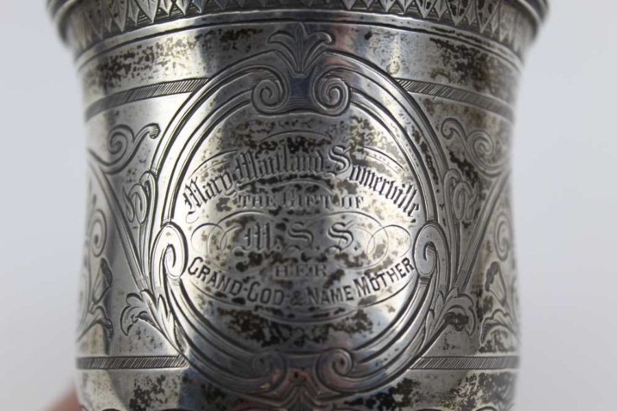 James McKay, a mid 19th century silver Christening mug, scroll handle, engraved anthemion decoration - Image 4 of 5