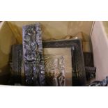 A box containing a good selection of carved wooden items & a martingale
