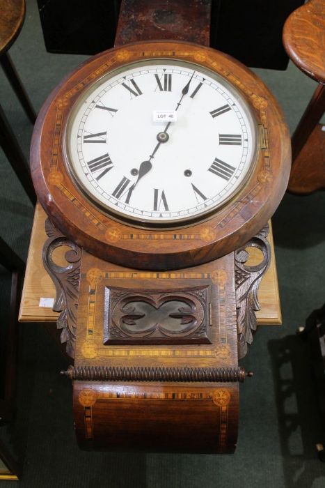 A 19th century walnut veneer wall clock, with carved & inlaid decoration, 8-day movement, 29cm dial - Image 5 of 8