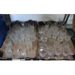 Two tray boxes of assorted glassware, includes a set of six stemmed wine glasses.