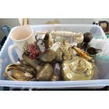 A box containing a selection of brass ware together with a vintage telephone