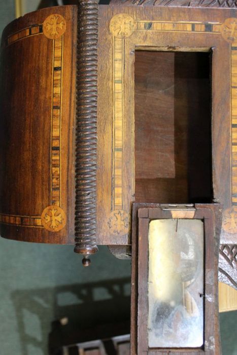 A 19th century walnut veneer wall clock, with carved & inlaid decoration, 8-day movement, 29cm dial - Image 3 of 8