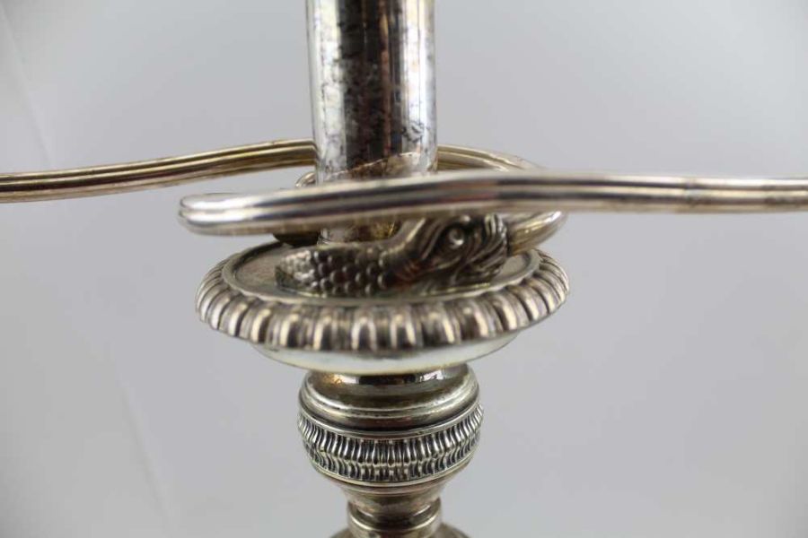 A pair of silver plated table candelabra, removable fitted twin branch mounts, Georgian design, 53cm - Image 3 of 7