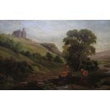 A large oil on canvass by W W Goddard, cattle grazing in the foreground of a Welsh Castle in gilt fr