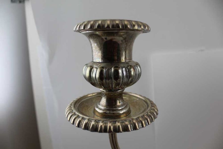 A pair of silver plated table candelabra, removable fitted twin branch mounts, Georgian design, 53cm - Image 4 of 7