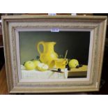 Ron Haslam, Painting Still Life, yellow jug & apples, signed & framed