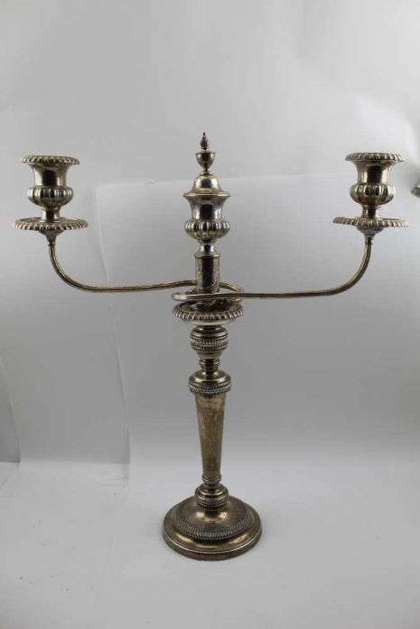 A pair of silver plated table candelabra, removable fitted twin branch mounts, Georgian design, 53cm - Image 2 of 7