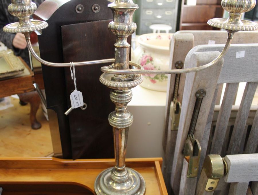 A pair of silver plated table candelabra, removable fitted twin branch mounts, Georgian design, 53cm - Image 7 of 7