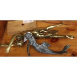 A brass art deco dancing lady figurine on a later base together with a mermaid