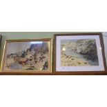 Two prints, one depicting sea shells, the other ladies on a beach hunting for fossils and sketching