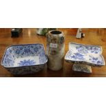 Two 19th century blue and white bowls with a Royal Doulton vase.