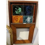 A framed set of tiles depicting the four elements with a 19th century birds-eye maple frame.