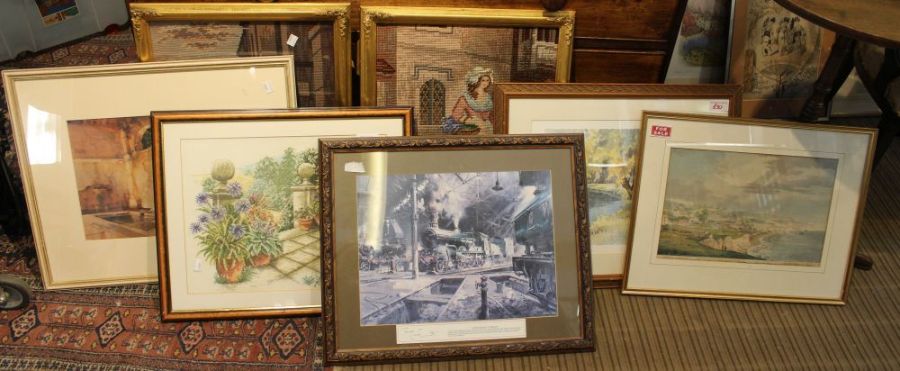 A selection of famous named prints and tapestry wool-works.