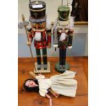 A pair of novelty wooden toy soldiers, together with a puppet