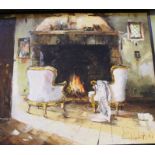 Gleb Goloubetski born 1975 an oil on canvas study of an interior fireside composition.