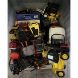 A box of assorted forklift and car models