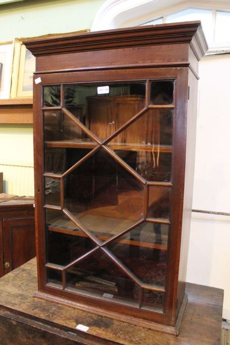 A 19th century mahogany glazed shelf unit, satinwood inlay. Having single astragal glazed door.