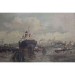 A 20th century painting, a shipping scene, gilt framed, 39cm x 49cm