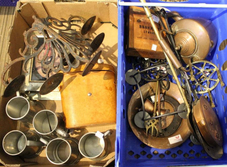 A box and a crate of domestic metal wares various and a cased pair of binoculars.