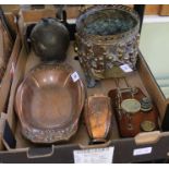 A box containing a selection of brass wares, candlestick, scales, etc
