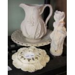 A collection of Parian wares c.1900, includes moulded shallow bowl, Lily-of-the-Valley jug, float po