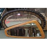 Two mirrors, one 70's style the other oval in wooden frame
