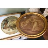 A circular framed sepia print and needlework picture (2)