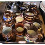 A box includes three items of pewter and seventeen pieces of pottery c.1900, including copper lustre