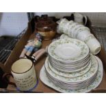 A Royal Doulton Ainsdale pattern part tea service with a Lambeth stoneware tea pot plus two figurine