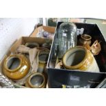 A box containing glass jars & stoneware