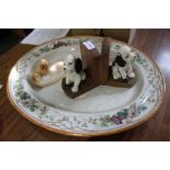 Copeland meat platter, ashtray, and bookends decorated with dogs.