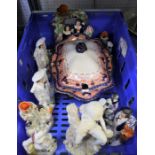A crate containing large soup tureen & Staffordshire figures various