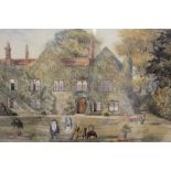 19th century British Naive School, Summer scene, figures in the garden of a manor house, watercolour