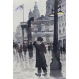 L Parry, "City street in the rain" with figures, en grisaille watercolour, signed, 26cm x 21cm, ebon