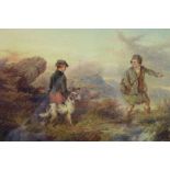 P.Jones - 19th century British School, "Hunting in the Highlands" depicts two kilted gentlemen with