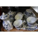 A blue Danube pattern part tea / coffee service comprising; cups, saucers, tea plates, serving dish,