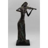 Kim Y.J. a cast metal figurine, depicts a female violinist, cast signature, raised on plinth base, t