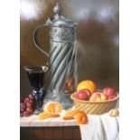 Philip Gerrard (1958-) ARR may apply "Still life in Dutch manner" (Pewter flagon, glass of wine, bas