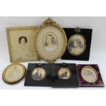 A collection of seven framed miniature portraits, includes pencil, watercolour and printed, all fram