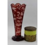 A late 19th century Bohemian ruby flashed tapering glass vase, with stag decoration