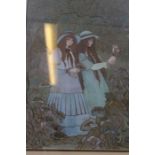 A mid to late 20th century gouache painting, inscribed Agoust, "Two Girls with Owl" in a woodland ga