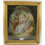 A 19th century silk work picture, depicts a Shepherdess writing on a tree trunk. 29cm x 25cm, oval m