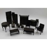 Fourteen 'Oriental' items of dolls house furniture including, cupboard, chairs, tables & a birdcage