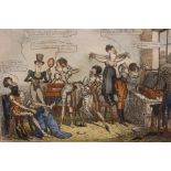 After Cruickshank, "Dandies Dressing" hand coloured print, bears the date 1818, 21cm x 31cm, framed