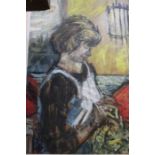 British School, portrait of a woman knitting, oil on board, 66cm x 41cm, framed