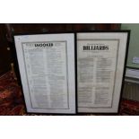A pair of framed snooker & billiards rules