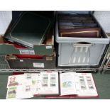 Two boxes containing assorted First day covers, together with a crate housing albums of various loco