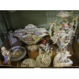 A box of mixed china together with a table lamp