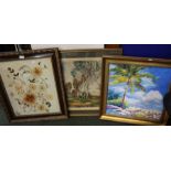 A pressed flower picture, large painting of a beach and a framed print (3)