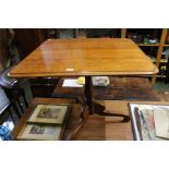 A Victorian mahogany square topped table on plain baluster column and three downswept legs